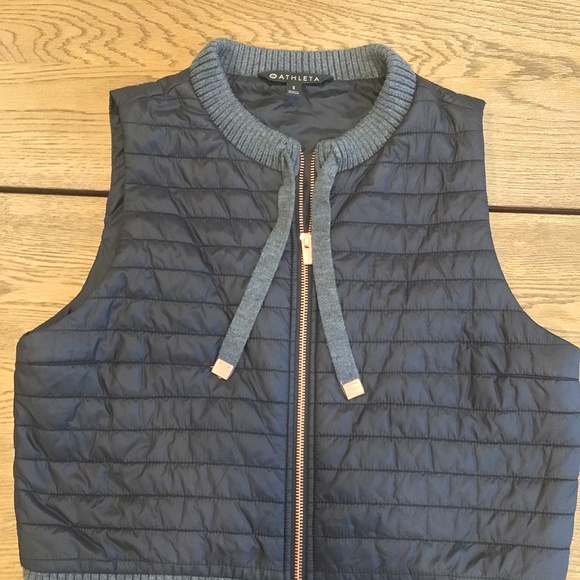 Athleta Black Quilted Tings Puffer Vest Rose Hardware & Knit Wool Trim - Picture 4 of 8